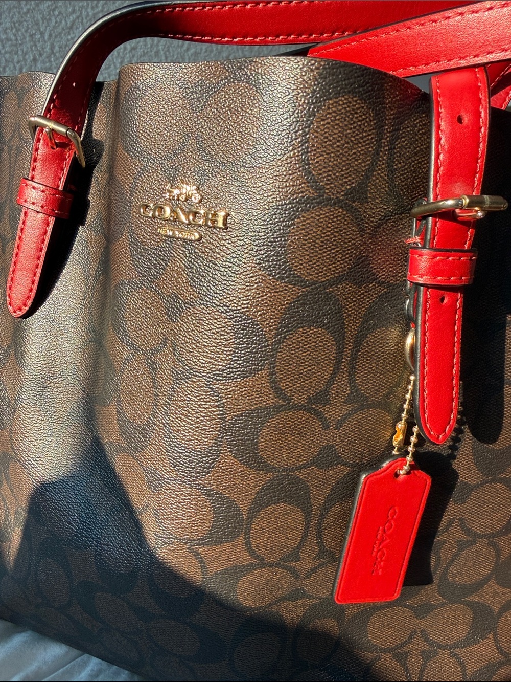 Coach Brown Signature Tote with Red Leather Straps - Picture 2 of 4